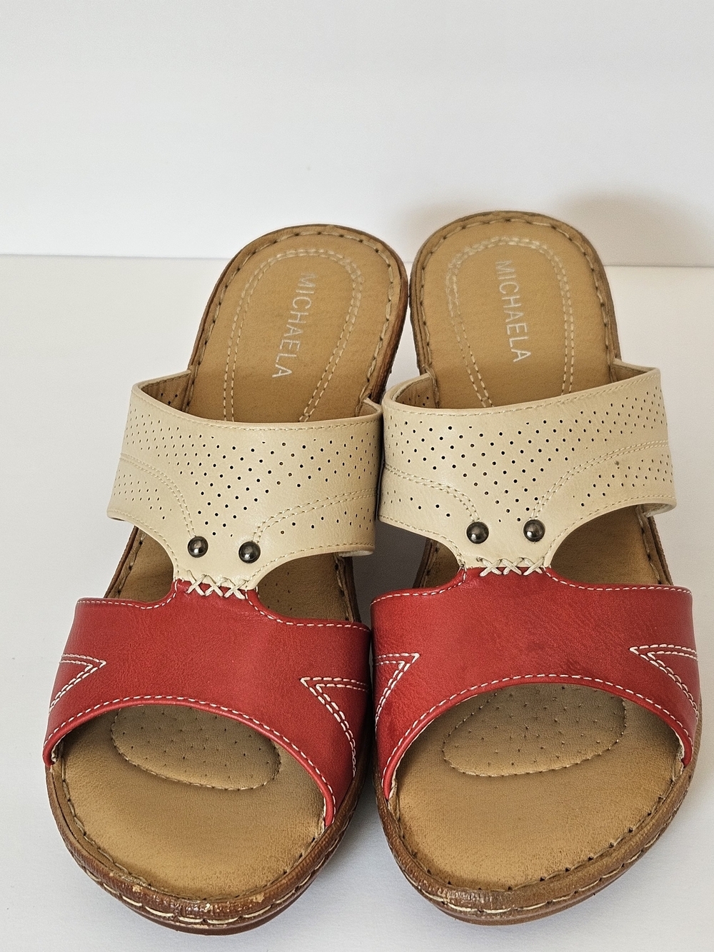 MICHAELA Women's Comfort Wedge Sandals Mules Colorblock Red Cream Size EU 40 - Picture 1 of 13
